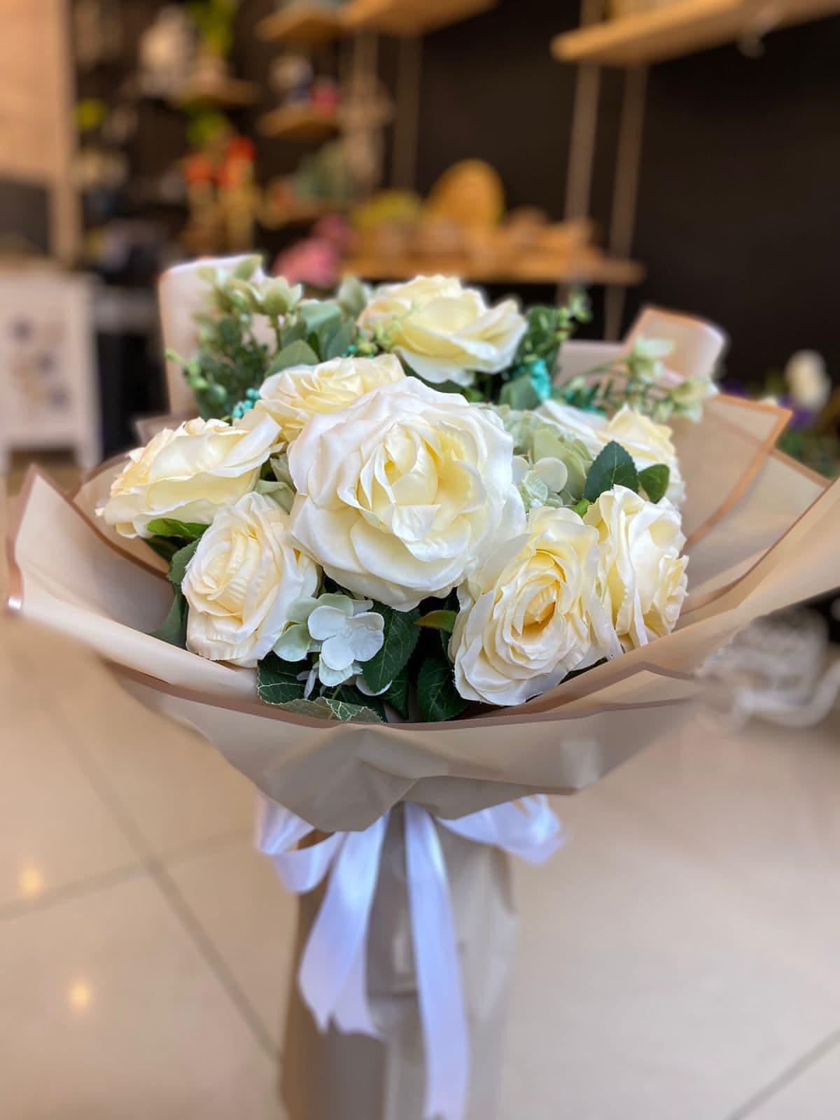 White Roses Bouquet, Love in White - Besan Flowers