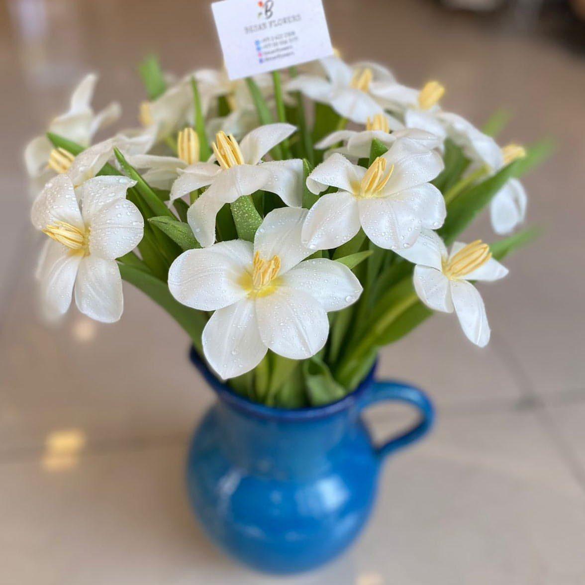 White Tulips, Blue vase Tulips Arrangement - Besan Flowers